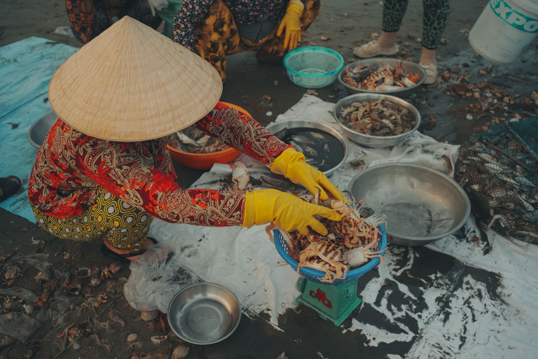 A woman in traditional hat and gloves sorts crabs at an outdoor fish market, showcasing local sea life.